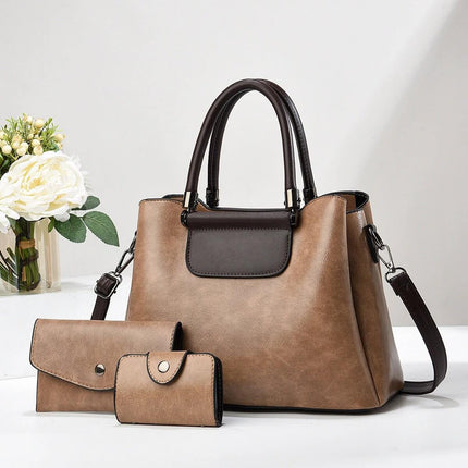 Large PU Women's Everyday Handbag For Daily Urban Use three-piece set with matching medium and small pouches, tan medium-soft PU exterior