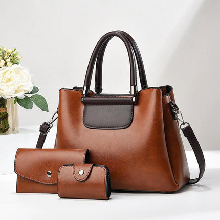 Large PU Women's Everyday Handbag For Daily Urban Use brown three-piece set with medium and small pouches for commuting and errands
