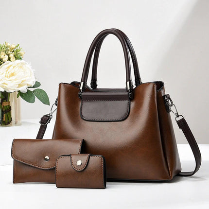 Large PU Women's Everyday Handbag For Daily Urban Use - brown three-piece set with medium-soft PU tote, medium and small pouches for commuting