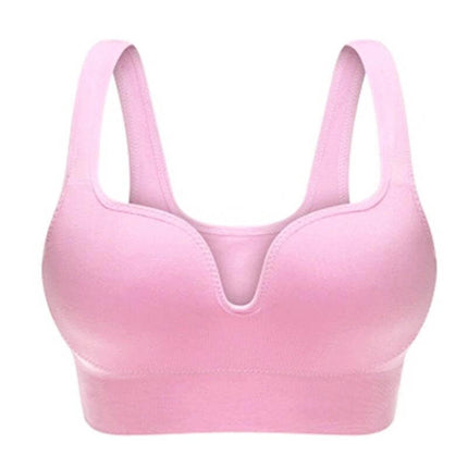 Large Seamless 3D Sports Bra With Cotton Lining, Vest Style in pink seamless knit with wide straps and v-neck design