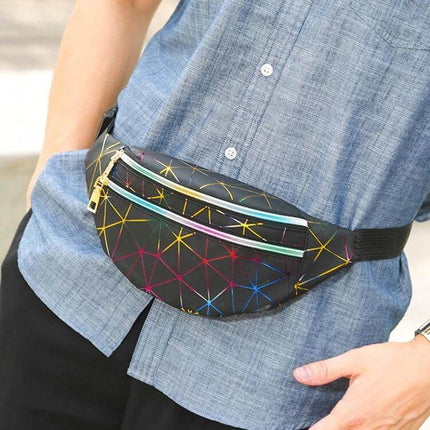 Laser Pattern PU Leather Waist Bag Black For Everyday Use - compact black PU waist bag with colorful laser pattern, zipper pocket and adjustable strap