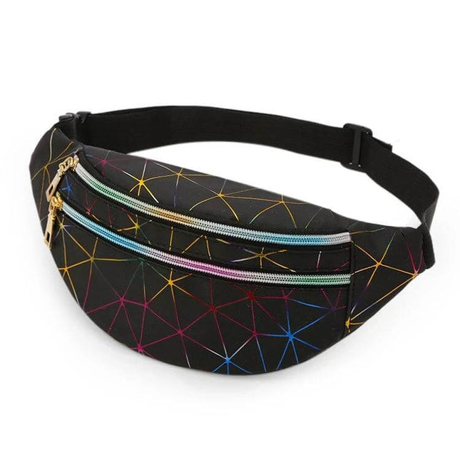Laser Pattern PU Leather Waist Bag Black For Everyday Use - compact black laser-patterned PU waist bag with dual zip pockets and adjustable strap