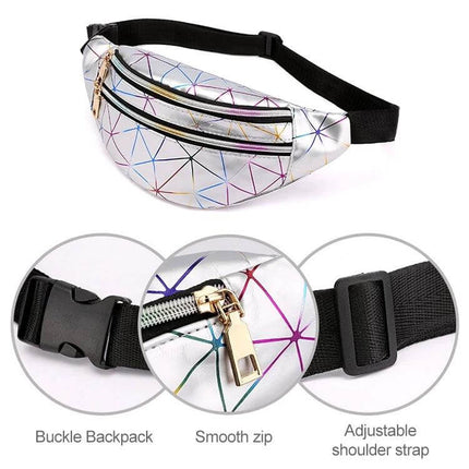 Laser Pattern PU Leather Waist Bag Black For Everyday Use - compact black PU laser-pattern waist bag with dual zip pockets and adjustable strap