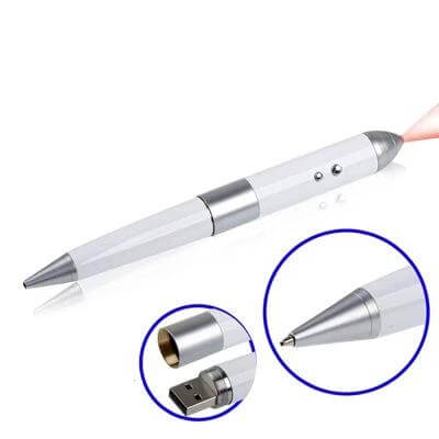 Laser Pen USB Flash Drive For Everyday File Storage 4GB - compact white pen-style USB with LED indicator and keychain cap