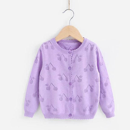 Knitwear Baby Cardigan With Diagonal Tie Closure For Everyday Wear — lilac cherry-knit baby cardigan with single-breasted diagonal tie detail