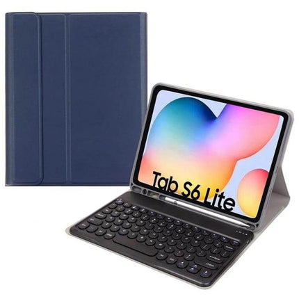 Leather Keyboard Case With Pen Slot For 10.4 Inch Tablet showing detachable Bluetooth keyboard, pen slot and folio stand with Samsung Tab S6 Lite