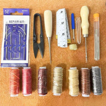 Leather Craft Sewing Kit All In One For DIY Projects compact set with waxed cord, needles, awl, scissors, thimble and measuring tape for belts wallets handbags