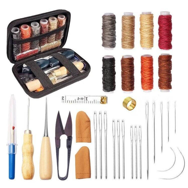 Leather Craft Sewing Kit All In One For DIY Projects - compact leather sewing, stamping and edging kit with waxed cords, needles, awls and tools