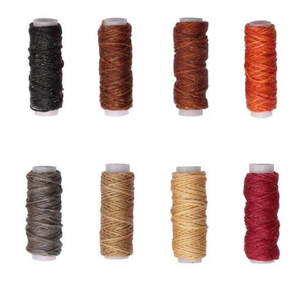 Leather Craft Sewing Kit All In One For DIY Projects - eight spools of waxed cord in assorted brown, orange, gray and red tones, 12 m each