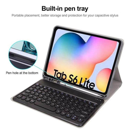 Leather Keyboard Case With Pen Slot For 10.4 Inch Tablet showing detachable Bluetooth keyboard, pen tray and multi-angle folio for Tab S6 Lite