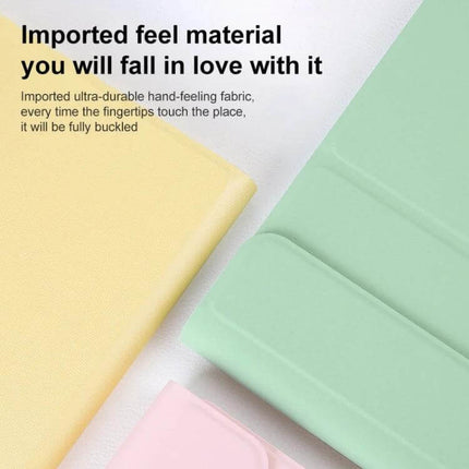 Leather Keyboard Case With Pen Slot For 10.4 Inch Tablet showing pastel folio covers, detachable Bluetooth keyboard, mute scissor keys and integrated pen slot
