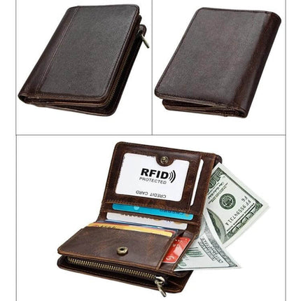 Leather Wallet Antimagnetic RFID For Men Everyday Use - brown genuine leather zip wallet with RFID protection, card slots, cash pocket and metal zipper