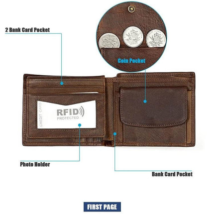 Leather RFID Wallet Clutch For Men With Card Slots Everyday Carry - full-grain leather bifold with RFID protection, card slots, photo ID window and coin pocket