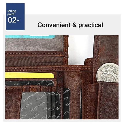 Leather RFID Wallet Clutch For Men With Card Slots Everyday Carry - brown full-grain leather interior showing card slots and coin pocket