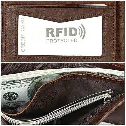 Leather RFID Wallet Clutch For Men With Card Slots Everyday Carry showing RFID protected ID slot and cash compartment in full-grain brown leather