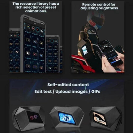 LED Illuminated Motorcycle Shoulder Bag For Outdoor Use Water Repellent with LED display showing presets, remote control app, and customizable GIF panels