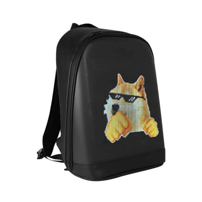 LED Illuminated Backpack Waterproof For School And Travel showing black waterproof Oxford nylon backpack with LED doge pixel display and leather accents