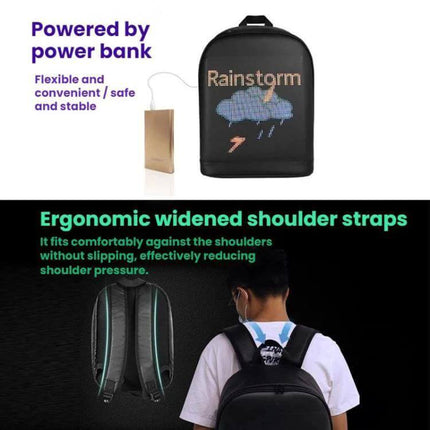 LED Illuminated Backpack Waterproof For School And Travel showing LED display 'Rainstorm' powered by power bank with ergonomic widened shoulder straps