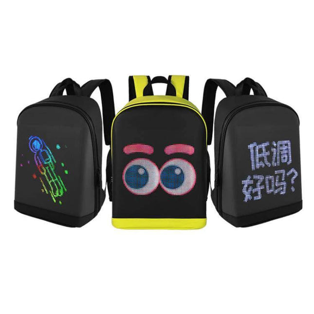 LED Illuminated Backpack Waterproof For School And Travel showing three LED-display backpacks with colorful animated graphics on black Oxford fabric