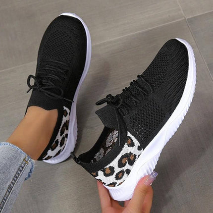 Leopard Print Lace Up Casual Sneakers For Women Everyday - black breathable net upper sneakers with yellow leopard heel accent, rubber sole, lace closure