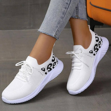 Leopard Print Lace Up Casual Sneakers For Women Everyday breathable net upper white leopard casual walking shoes