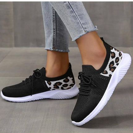 Leopard Print Lace Up Casual Sneakers For Women Everyday - black mesh breathable sneakers with leopard heel accent, white rubber sole, lace closure