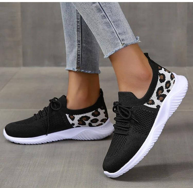 Leopard Print Lace Up Casual Sneakers For Women Everyday - black mesh breathable sneakers with leopard heel accent, white rubber sole, lace closure
