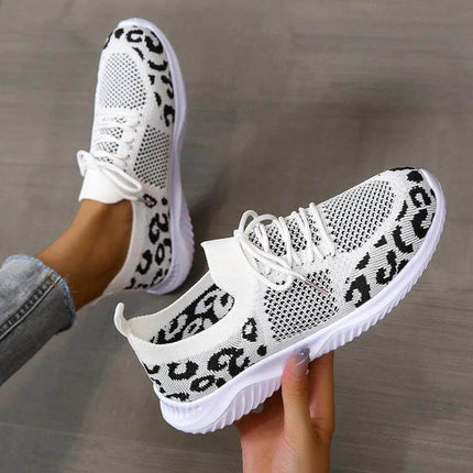 Leopard Print Lace Up Casual Sneakers For Women Everyday breathable white net upper leopard print casual travel shoes