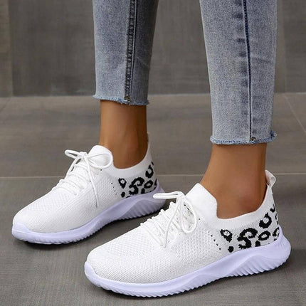 Leopard Print Lace Up Casual Sneakers For Women Everyday white breathable net upper round toe lace-up low shoes with black leopard pattern