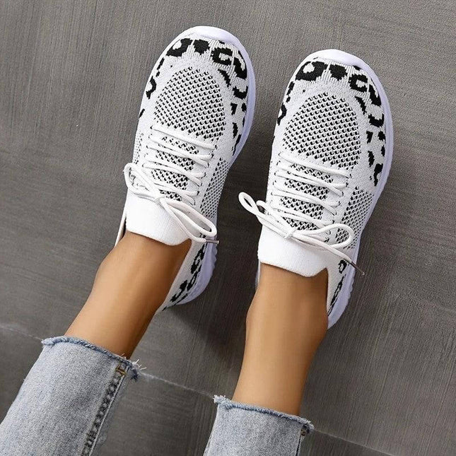 Leopard Print Lace Up Casual Sneakers For Women Everyday - breathable net upper white leopard sneakers with lace closure for walking and travel