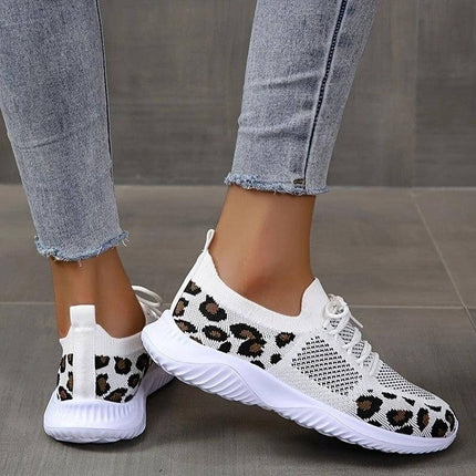 Leopard Print Lace Up Casual Sneakers For Women Everyday - breathable net upper white leopard casual walking shoes