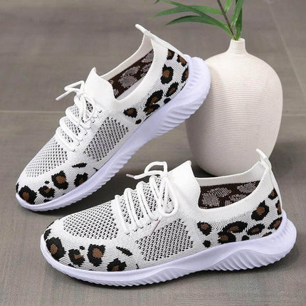 Leopard Print Lace Up Casual Sneakers For Women Everyday - white breathable net upper low sneakers with leopard pattern, rubber outsole, lace closure