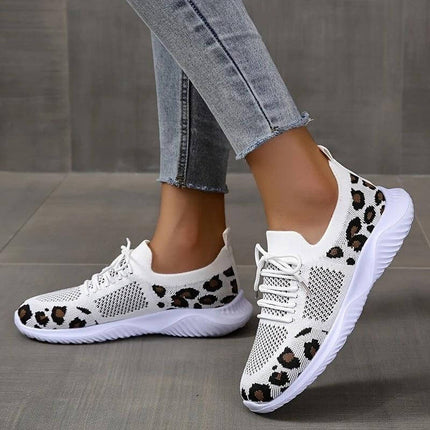 Leopard Print Lace Up Casual Sneakers For Women Everyday breathable net upper round toe lace closure in yellow leopard and black panther patterns