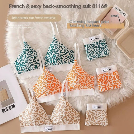 Leopard Print Seamless Wireless Bra Set With Adjustable Straps in multi-color leopard print trio for lounging and light exercise