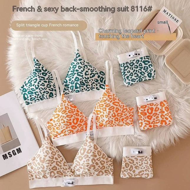 Leopard Print Seamless Wireless Bra Set With Adjustable Straps in multi-color leopard print trio for lounging and light exercise