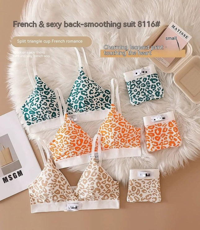 Leopard Print Seamless Wireless Bra Set With Adjustable Straps in multi-color leopard print trio for lounging and light exercise