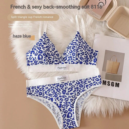 Leopard Print Seamless Wireless Bra Set With Adjustable Straps - haze blue leopard print wireless bra and matching seamless briefs set