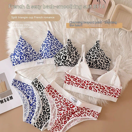Leopard Print Seamless Wireless Bra Set With Adjustable Straps in blue black red leopard print wireless seamless bra and matching briefs