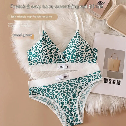 Leopard Print Seamless Wireless Bra Set With Adjustable Straps in green leopard print two-piece set on fur background, seamless wireless bra and matching briefs