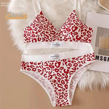 Leopard Print Seamless Wireless Bra Set With Adjustable Straps in claret red leopard print, seamless wireless 3/4 cup bra and matching briefs