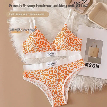 Leopard Print Seamless Wireless Bra Set With Adjustable Straps in vitality orange leopard print two-piece set for low to medium impact wear