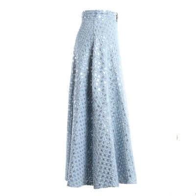 Light Blue Denim Umbrella Skirt for Everyday Casual Wear - full-length light blue denim umbrella skirt with swingy hem, ideal for commuting and casual outfits