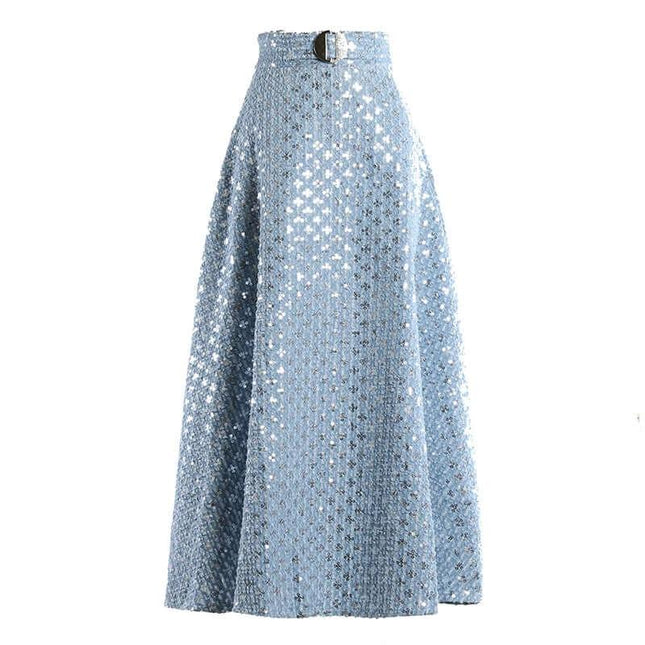 Light Blue Denim Umbrella Skirt for Everyday Casual Wear - light blue sequined umbrella skirt with belt, swingy hem for commuting and casual outings