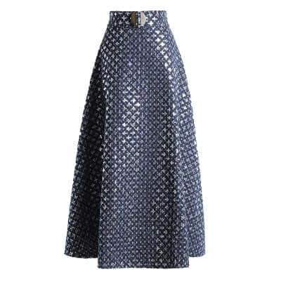Light Blue Denim Umbrella Skirt for Everyday Casual Wear - navy blue umbrella silhouette skirt with swingy hem, belt detail, ideal for commuting and casual outfits