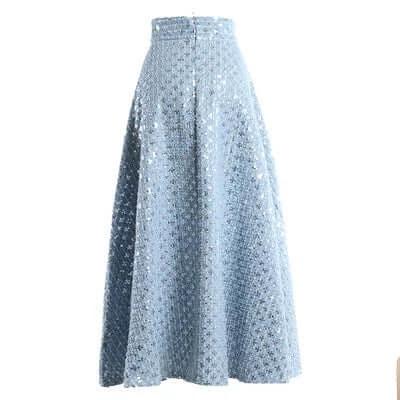 Light Blue Denim Umbrella Skirt for Everyday Casual Wear - light blue umbrella silhouette denim skirt with swingy hem, ideal for commuting and casual outfits