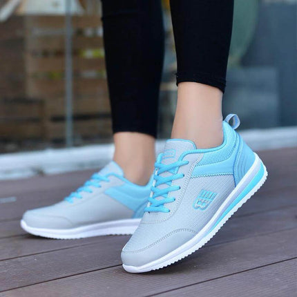 Leather Student Sneakers For Women Breathable Casual Shoes - light blue PU mesh campus walking sneakers with EVA sole and front-tie closure