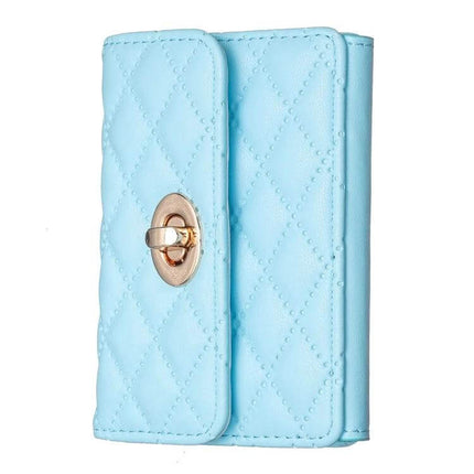 Phone Back Card Holder With Metal Buckle Thin And Lightweight slim blue PU leather card wallet with gold buckle attached to phone case