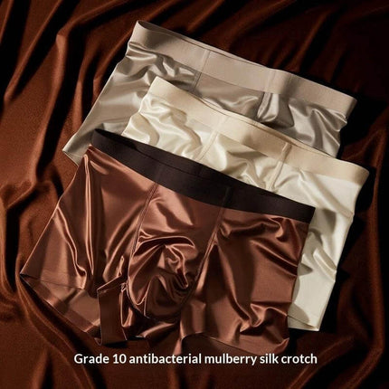Light-Luxury Satin Silk Antibacterial Men's Boxer Briefs Moonlight Blue smooth satin nylon seamless antibacterial boxer brief on brown fabric