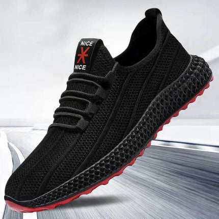 Lightweight Breathable Hiking Sneakers Lace-Up Black knitted mesh trail sneaker with padded collar and red outsole