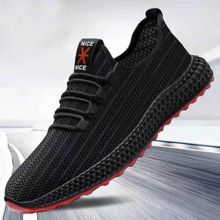 Lightweight Breathable Hiking Sneakers Lace-Up Black with mesh upper, padded collar and red-trim outsole for day hikes, trails and urban commuting
